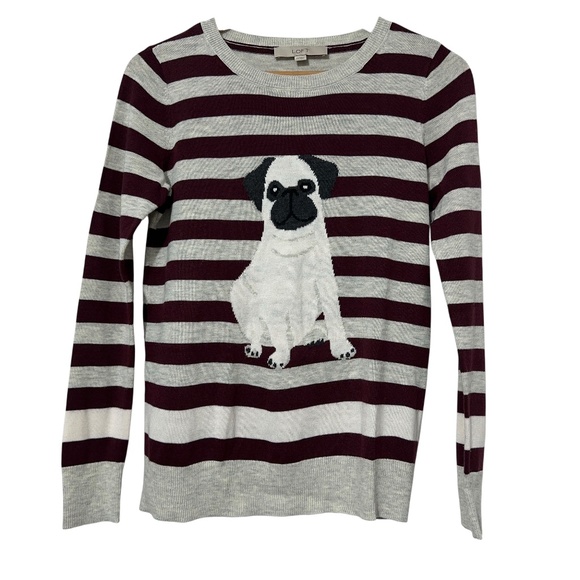 Loft Womens Pug Dog Sweater Size XS Striped Business Casual Autumn Fall - Picture 1 of 5